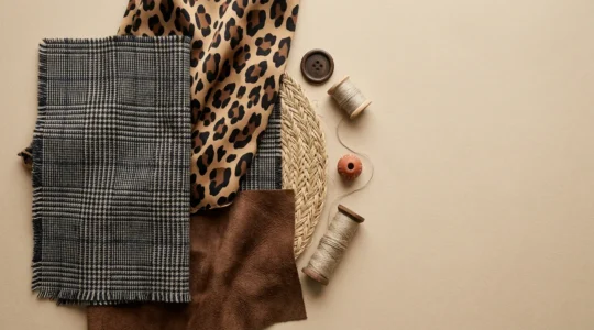 Composicion editorial de moda mostrando estampados de leopardo y cuadros combinados con elegancia