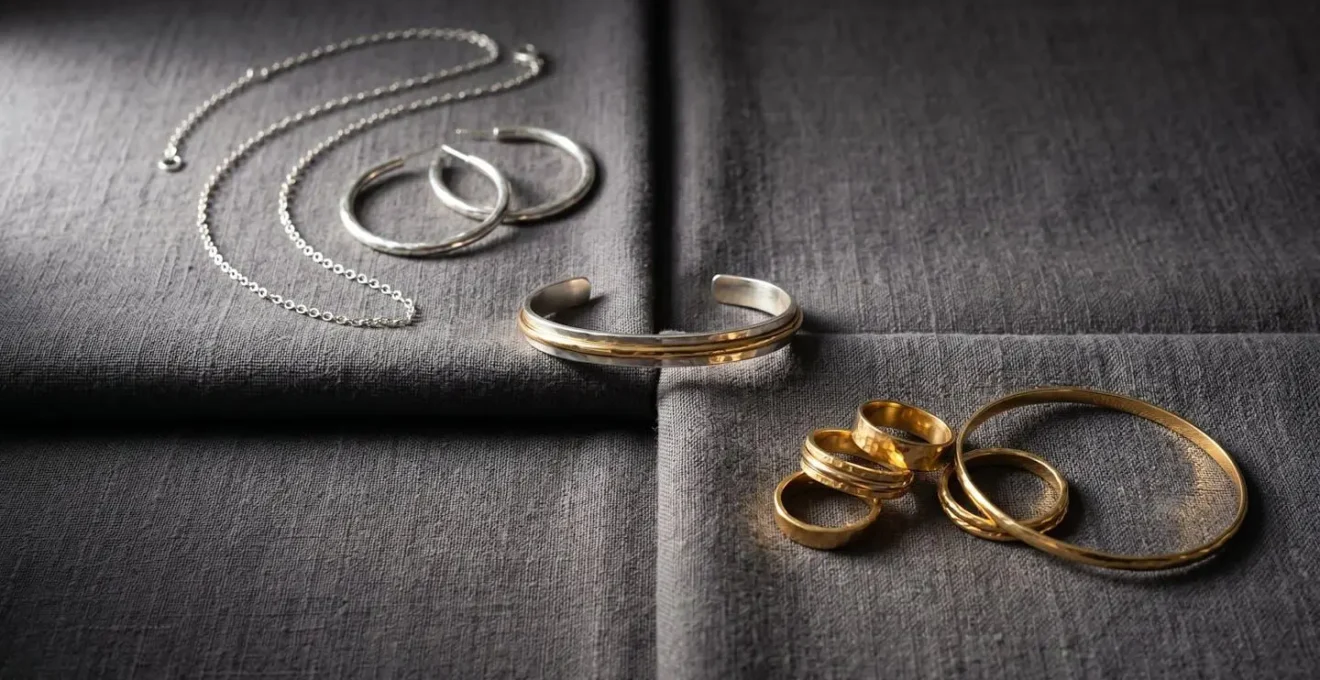 Composición de joyas mixtas de oro y plata apiladas sobre tejido gris con acabado elegante