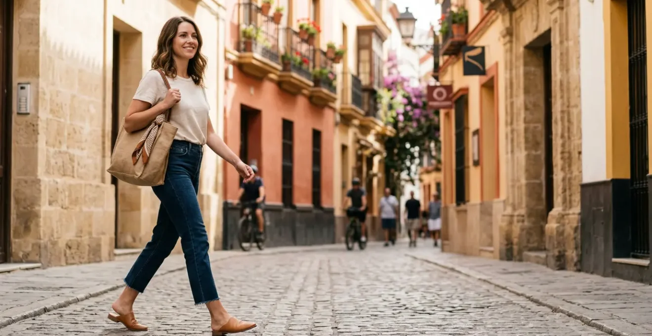 Mujer caminando por la calle con un estilo casual pero arreglado, combinando básicos modernos con accesorios cuidados