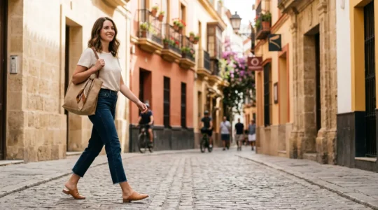 Mujer caminando por la calle con un estilo casual pero arreglado, combinando básicos modernos con accesorios cuidados