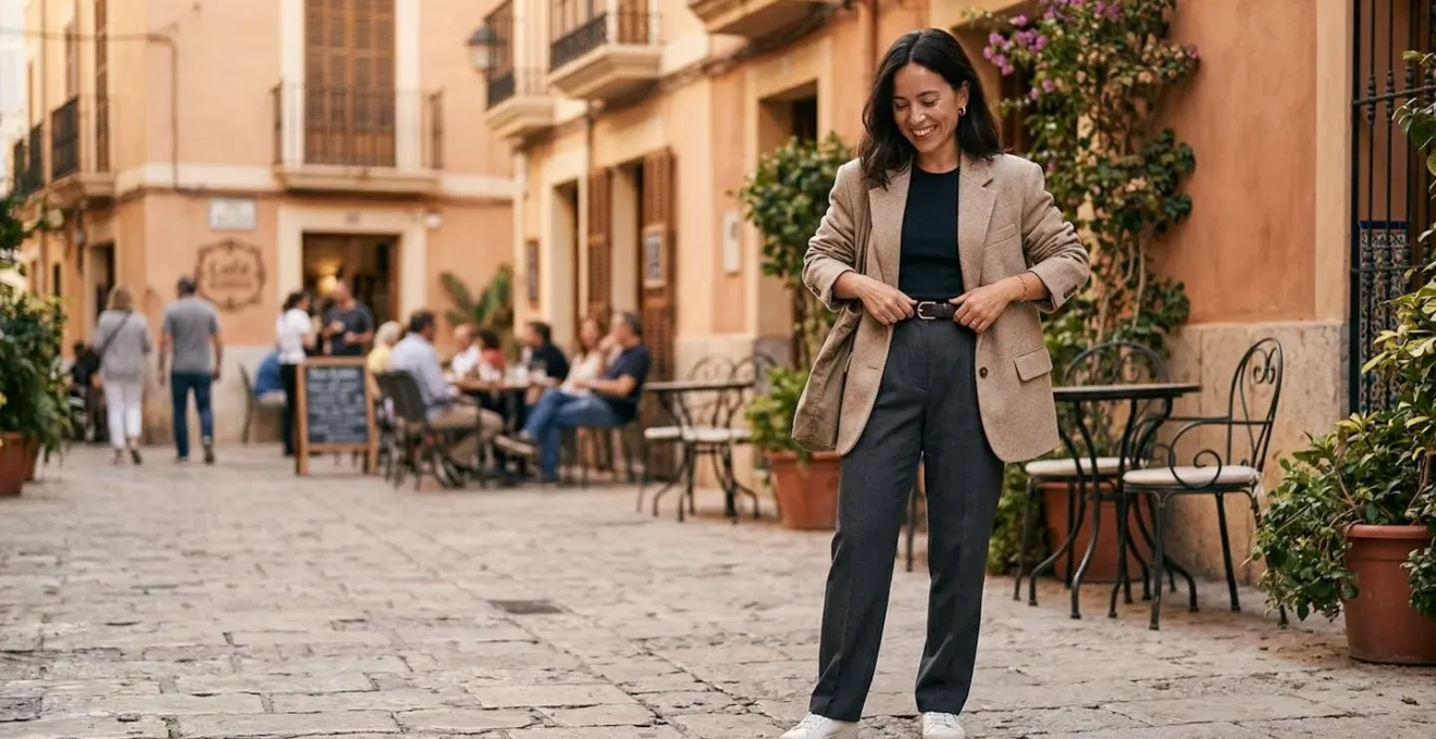 Mujer de baja estatura luciendo prenda oversize con estilo sofisticado en entorno urbano español