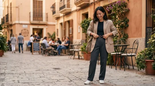 Mujer de baja estatura luciendo prenda oversize con estilo sofisticado en entorno urbano español