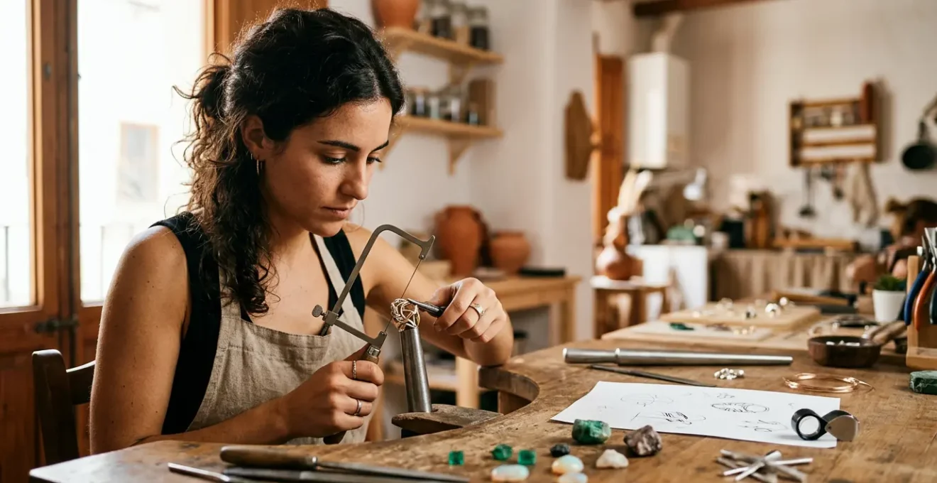 Diseñador joyero español trabajando en su taller contemporáneo con herramientas modernas y piezas de joyería de autor