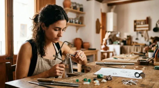 Diseñador joyero español trabajando en su taller contemporáneo con herramientas modernas y piezas de joyería de autor