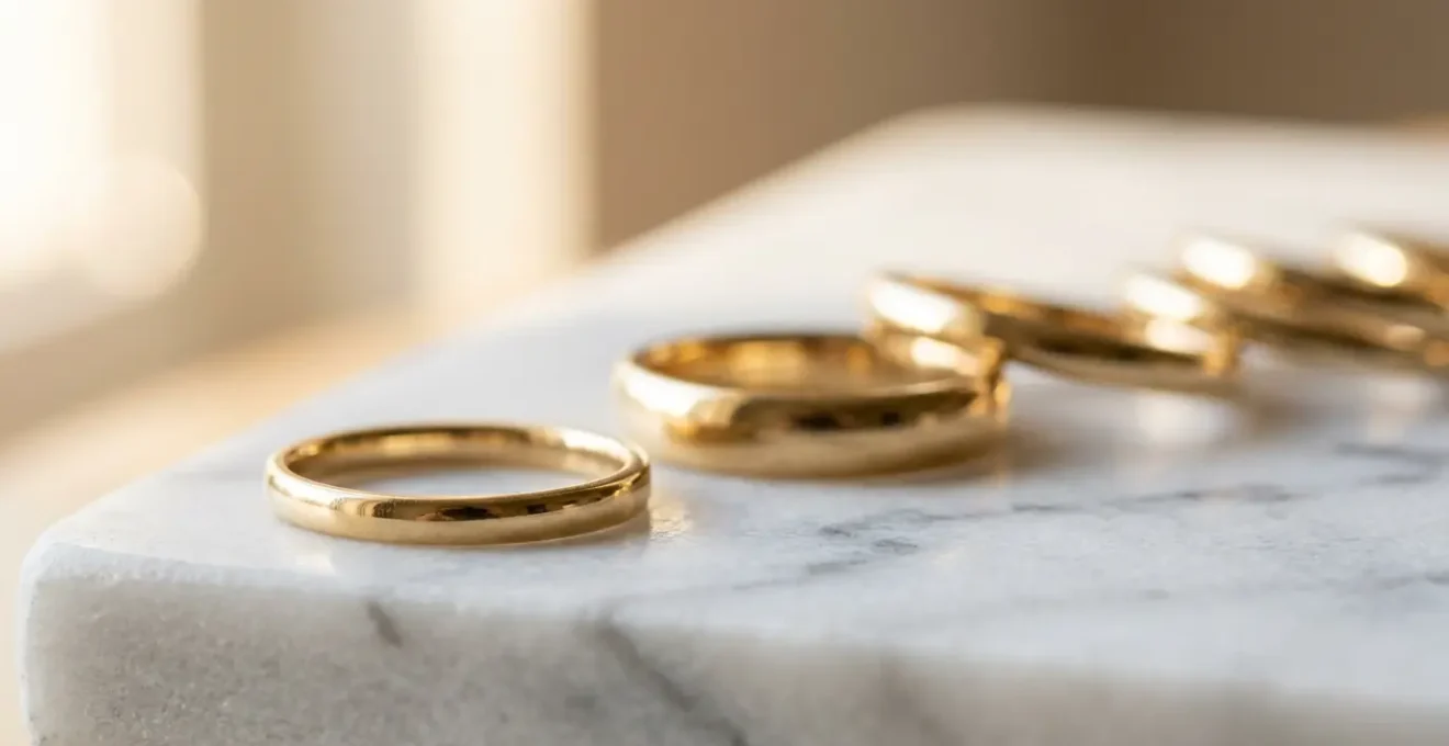 Anillos de oro reciclado reflejando luz natural sobre superficie de mármol