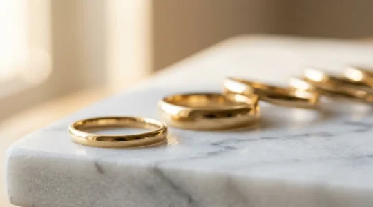 Anillos de oro reciclado reflejando luz natural sobre superficie de mármol