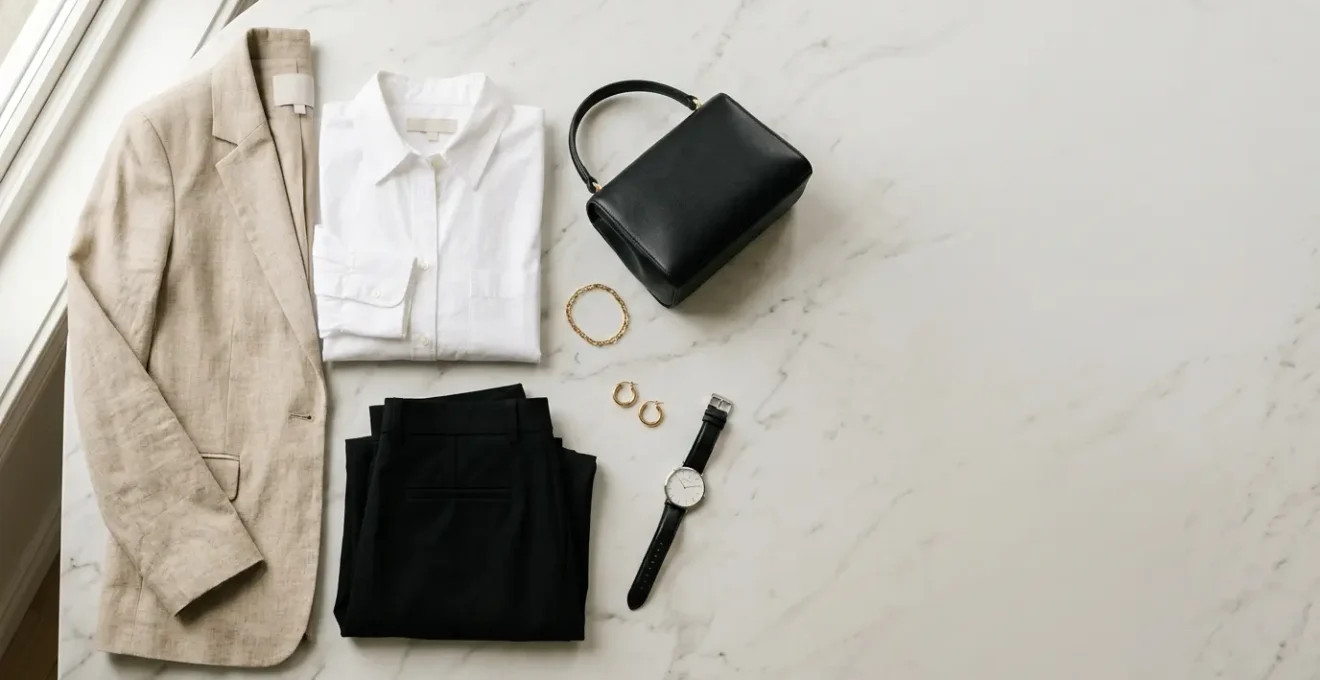 Composición editorial de básicos de Zara elevados con accesorios minimalistas y elegantes sobre fondo neutro