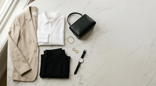 Composición editorial de básicos de Zara elevados con accesorios minimalistas y elegantes sobre fondo neutro