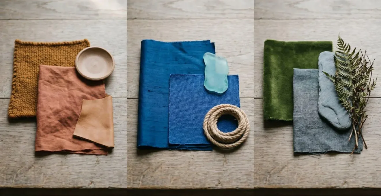 Composición de tejidos y accesorios con paleta de colores inspirada en paisajes españoles