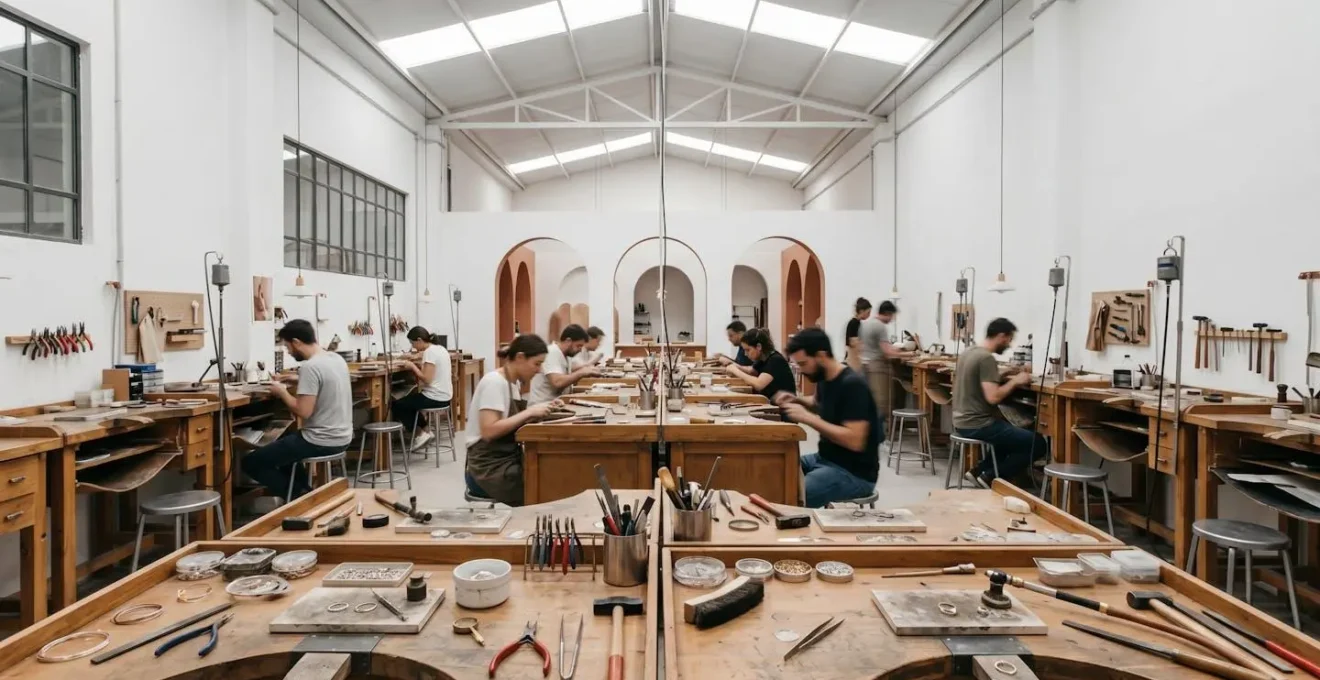 Vista del ecosistema de talleres de joyería especializados en el Parque Joyero de Córdoba con artesanos trabajando