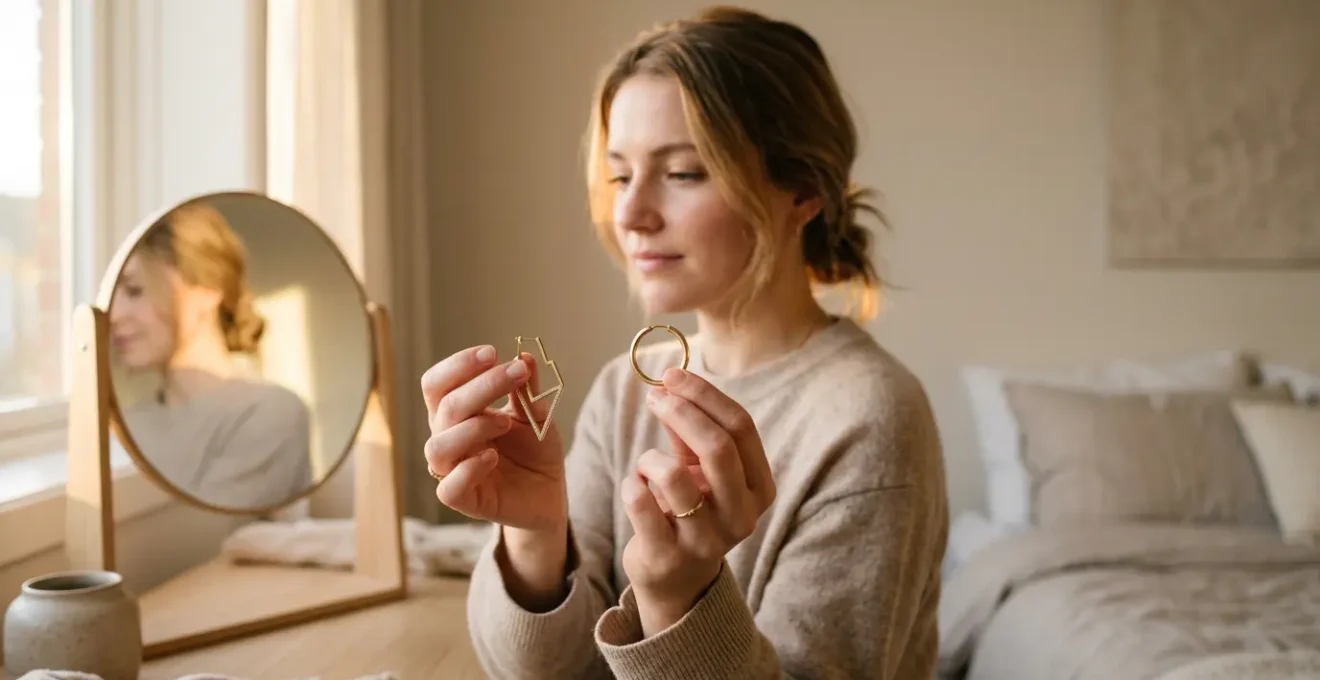 Mujer eligiendo pendientes frente espejo antes de una primera cita