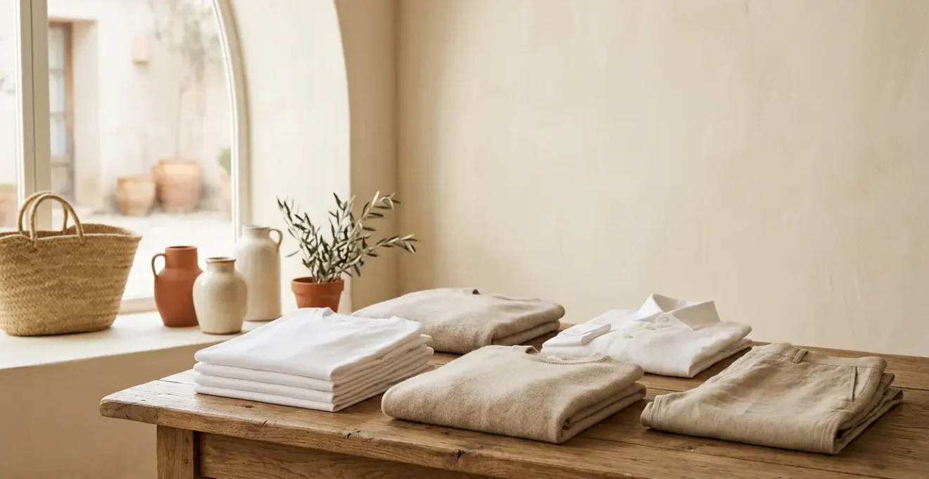 Composición editorial de prendas básicas de alta calidad sobre fondo minimalista con luz natural