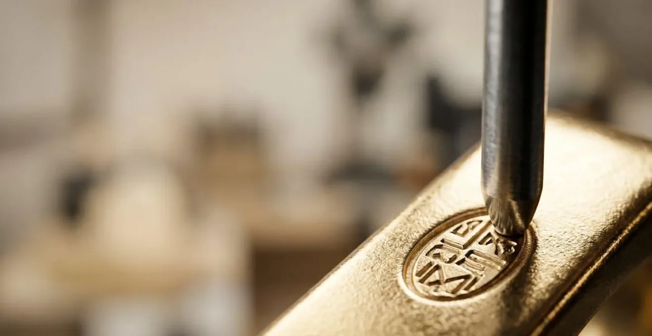 Detalle macro de punzón oficial de contraste sobre pieza de oro mostrando marca de garantía española