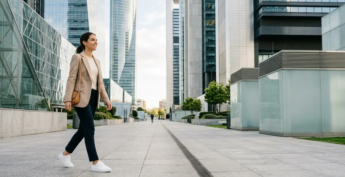 Profesional vestida con estilo business casual caminando por zona de oficinas de Madrid con zapatillas blancas minimalistas