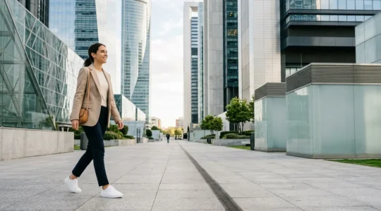 Profesional vestida con estilo business casual caminando por zona de oficinas de Madrid con zapatillas blancas minimalistas