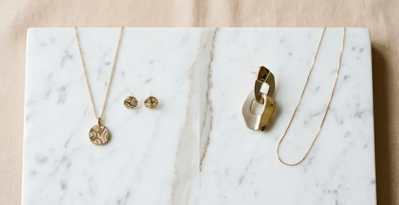 Composición minimalista comparando dos enfoques de joyería: conjunto coordinado versus pieza focal única con accesorios discretos