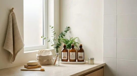 Rutina de baño sostenible con productos naturales y envases reutilizables sin plástico