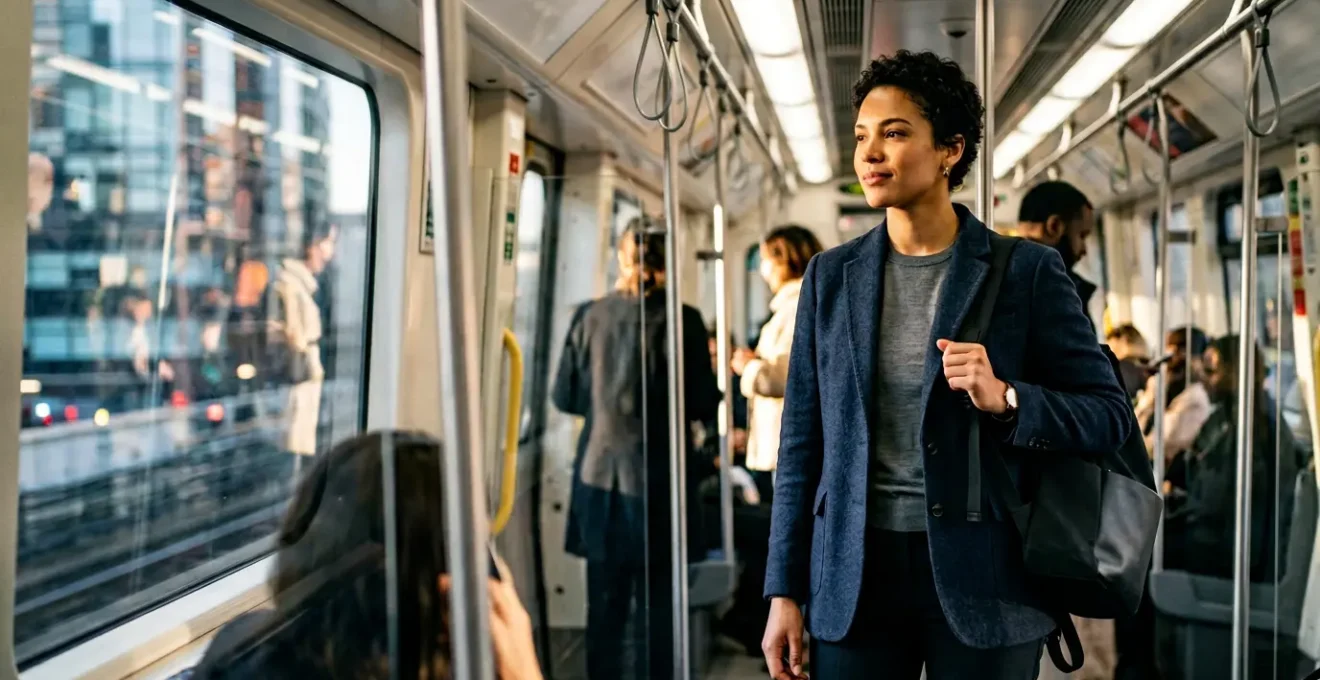 Profesional urbano navegando con estilo por el transporte público metropolitano de Madrid