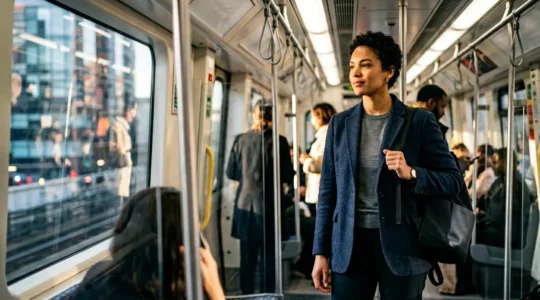 Profesional urbano navegando con estilo por el transporte público metropolitano de Madrid
