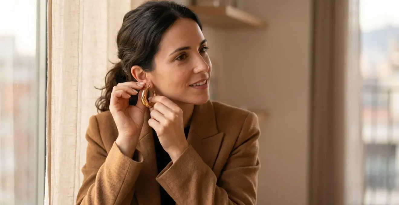 Retrato en plano medio de mujer profesional española cambiando pendientes en transición día-noche