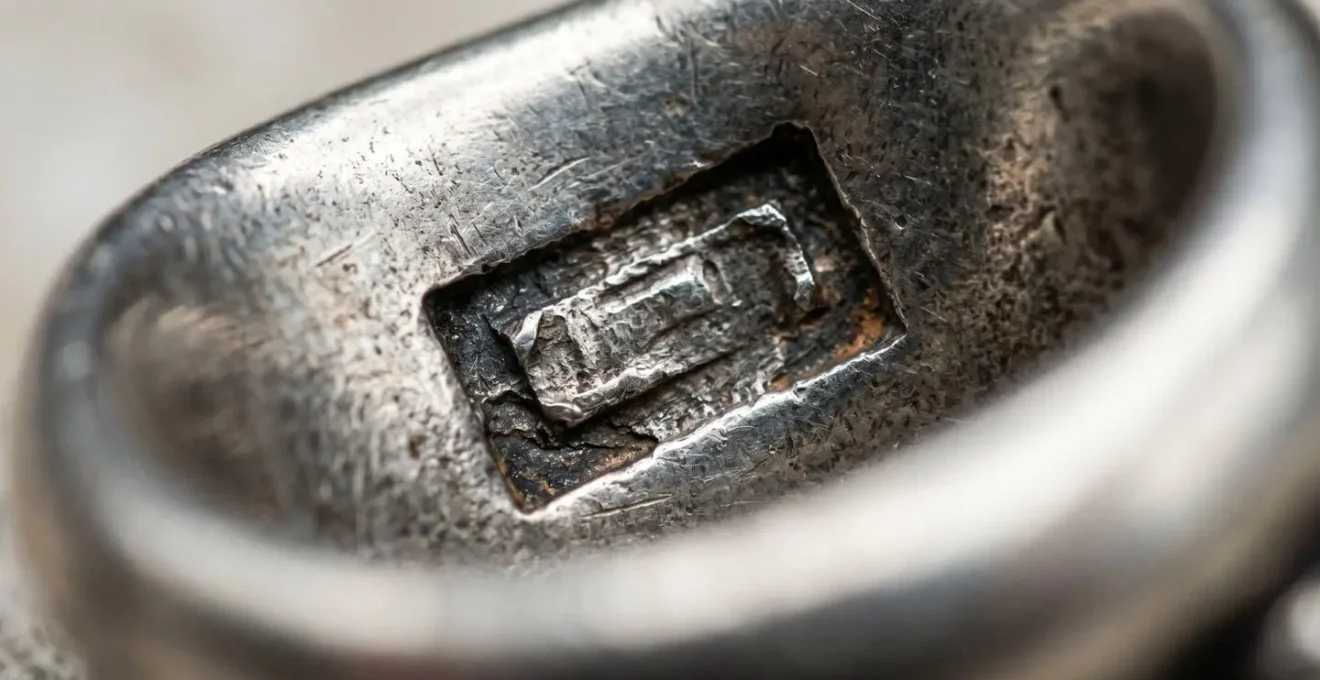 Detalle macro de punzón de contraste oficial en joya de plata con marca M1 de Madrid