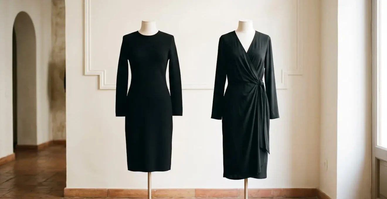 Comparación visual de siluetas de vestidos negros en corte recto y cruzado para tallas grandes