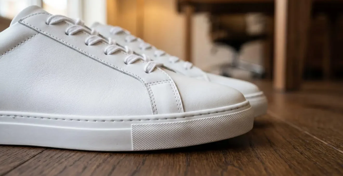 Detalle macro de zapatillas blancas de piel de alta calidad sobre suelo de oficina moderna con textura de madera