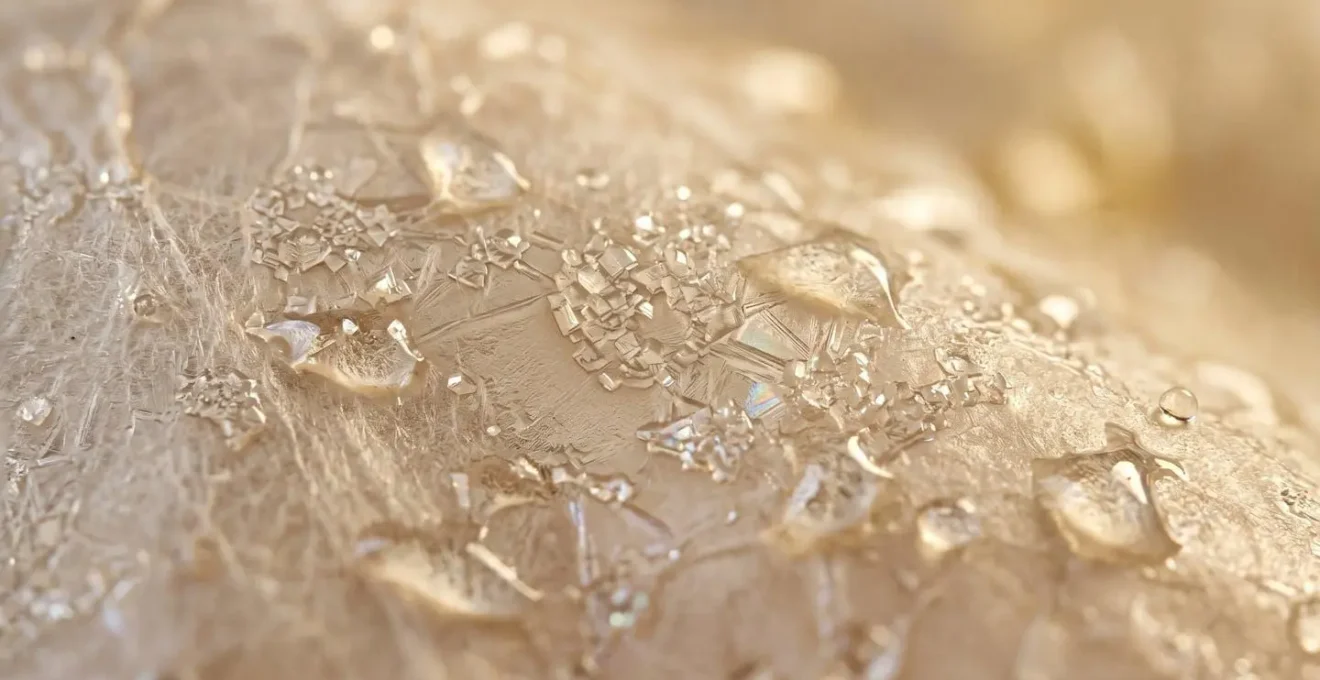 Representación visual del impacto del agua dura y los minerales sobre una superficie delicada que simboliza la piel.