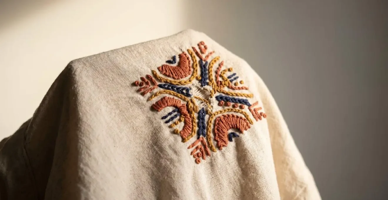 Bordado decorativo reparando agujero en prenda de algodón con técnica de zurcido visible y motivos florales españoles