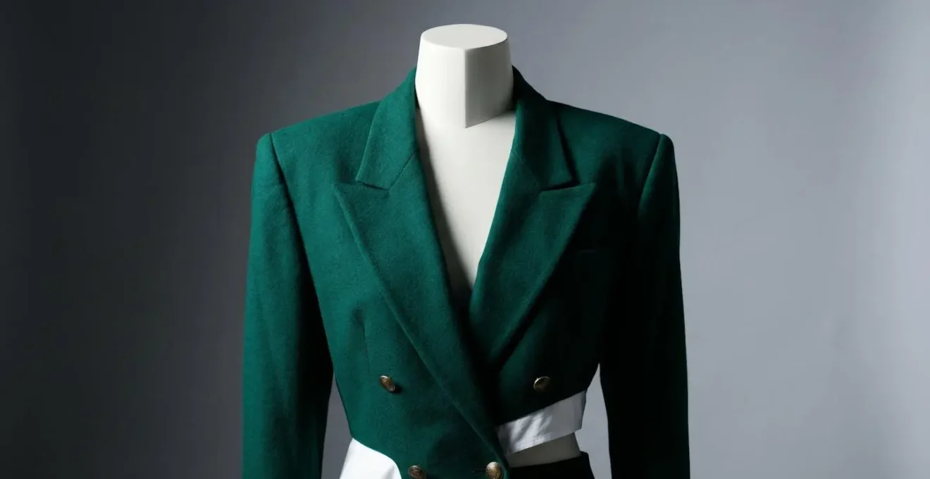 Composición simétrica de chaqueta vintage de los 80 con hombreras sobre fondo minimalista