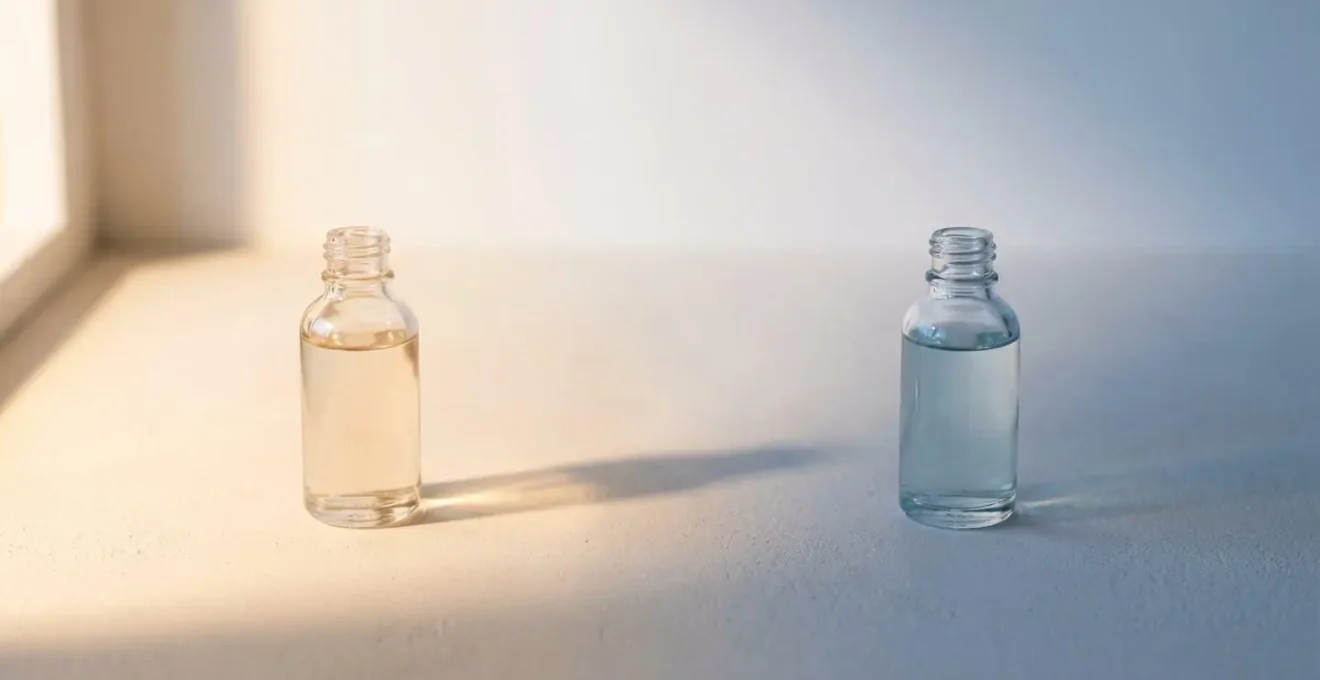 Dos frascos de suero facial sin marca sobre superficie minimalista con luz natural suave