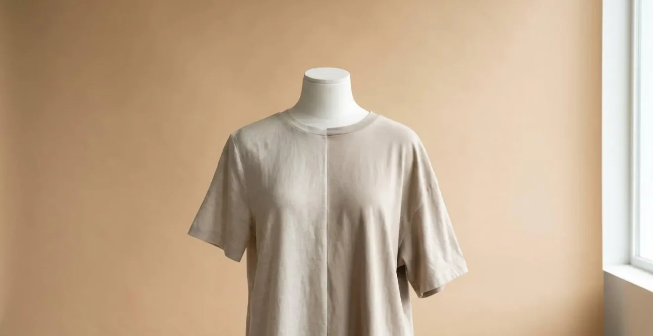 Primer plano del hombro de una camiseta de lino mostrando la caída perfecta de la costura y la textura del tejido