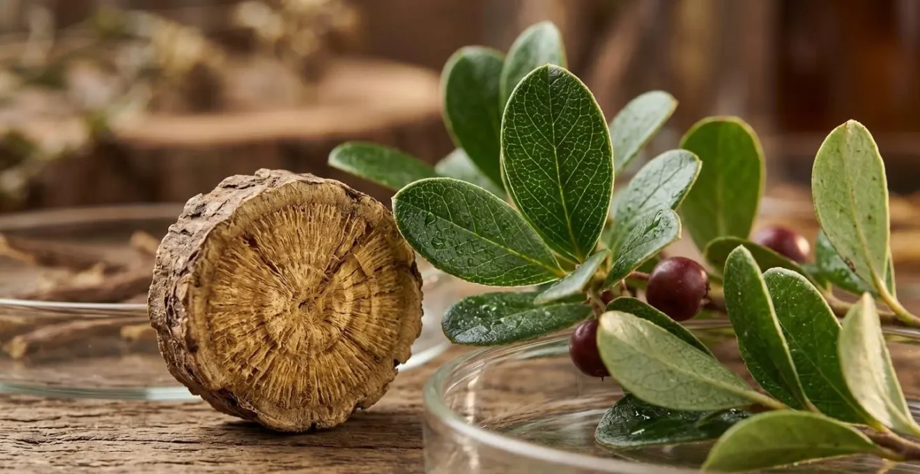 Raíces de regaliz y hojas de gayuba con extractos naturales despigmentantes