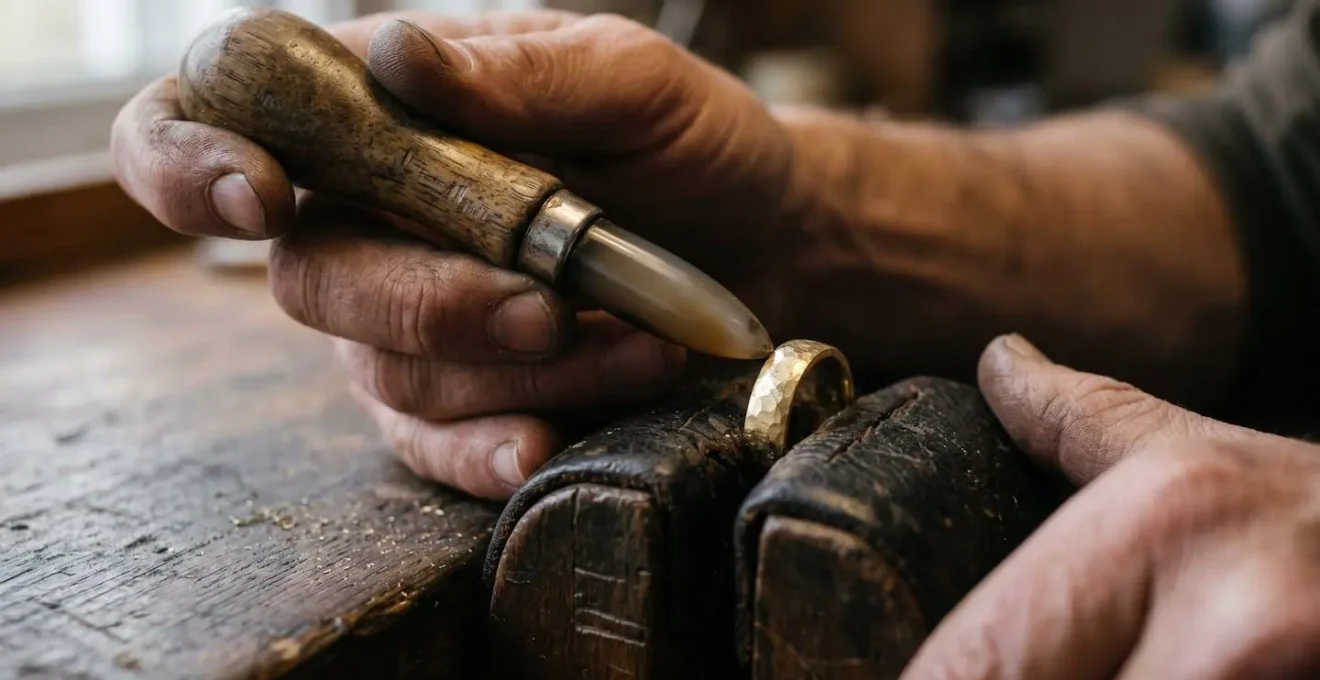 Detalle macro de las manos de un artesano joyero trabajando una alianza de oro con precisión