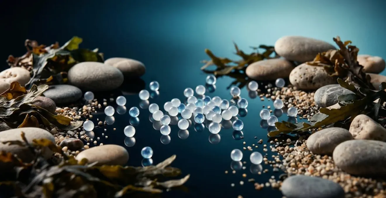 Metáfora visual de microplásticos cosméticos y su impacto en ecosistemas marinos mediterráneos