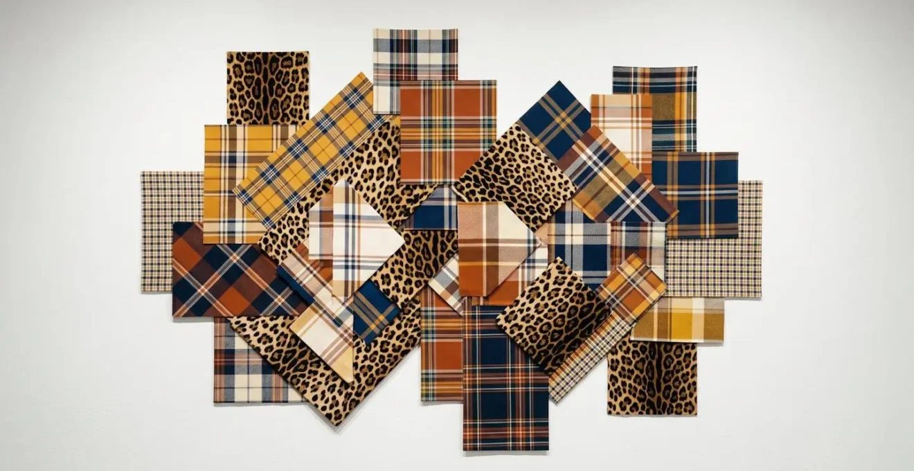 Composicion visual inspirada en el cubismo con bloques de estampados leopardo y cuadros