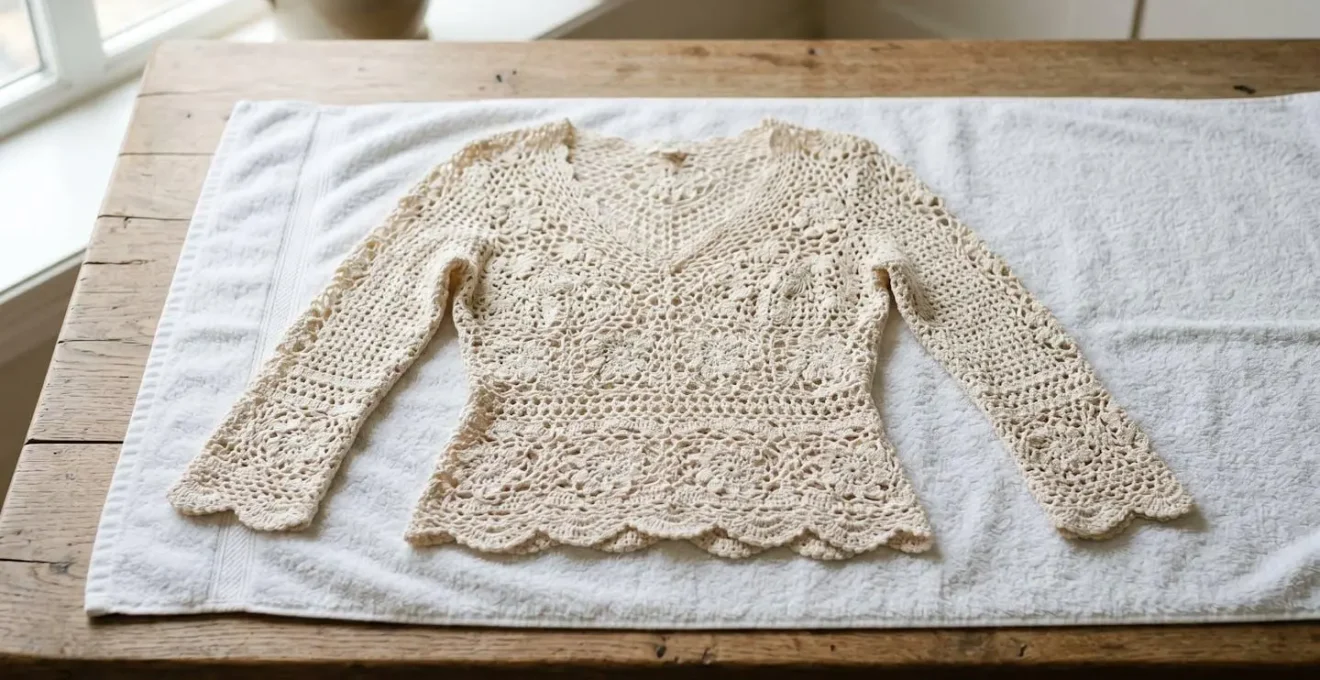 Prenda de crochet color crema extendida en plano sobre toalla para secado sin deformación