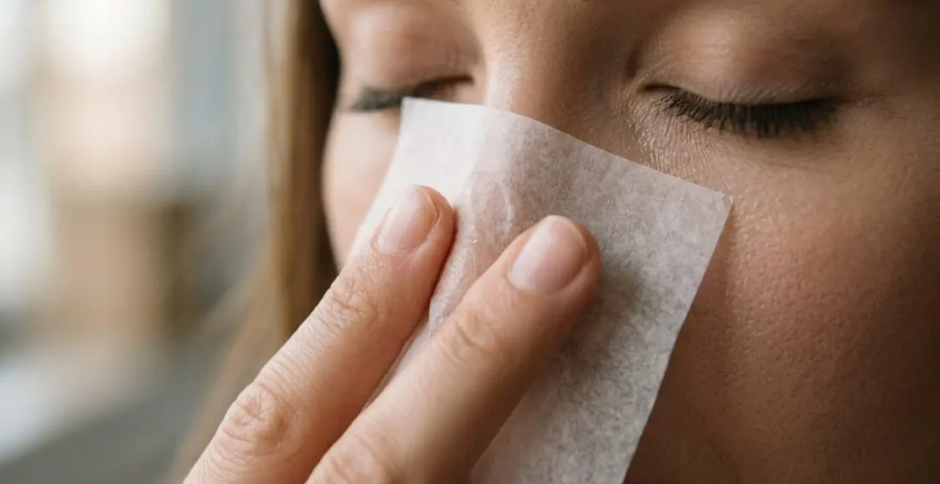 Primer plano de manos aplicando papel secante sobre zona T de rostro femenino con maquillaje intacto