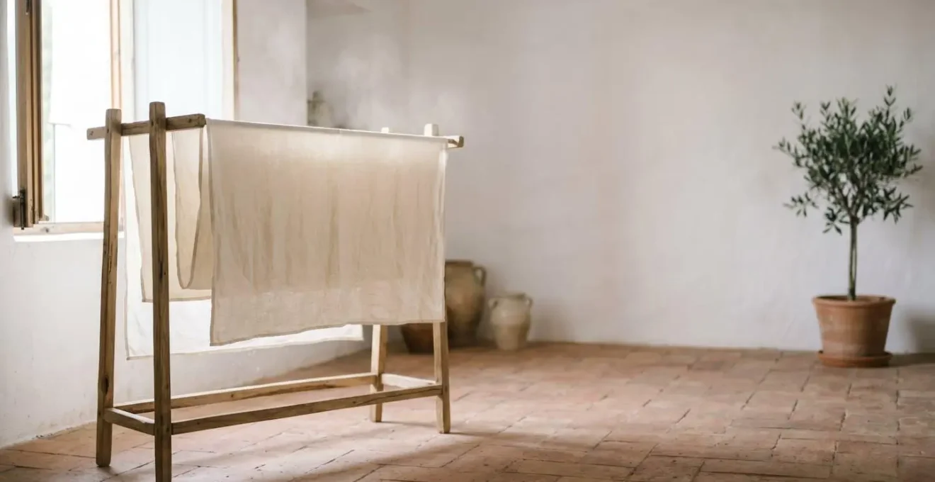 Escena minimalista de vapor sobre tejido vintage con luz natural suave